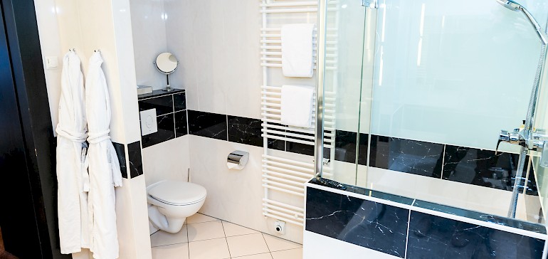 Big bathroom with shower and tub in one of the "Kaisersuites"